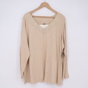 Basic Editions Top Womens 2X LS Embellished 2FER Tan Studded Rhinestone NEW
